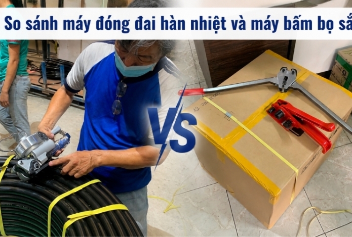 So sánh máy đóng đai hàn nhiệt và máy bấm bọ sắt 
